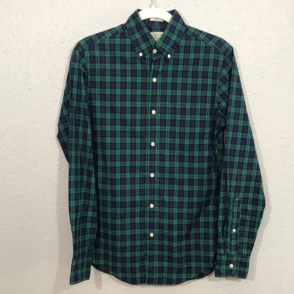 J. Crew 100% Cotton Shirting 2-Ply Slim Fit Ling Sleeve Blue & Green Plaid Shirt